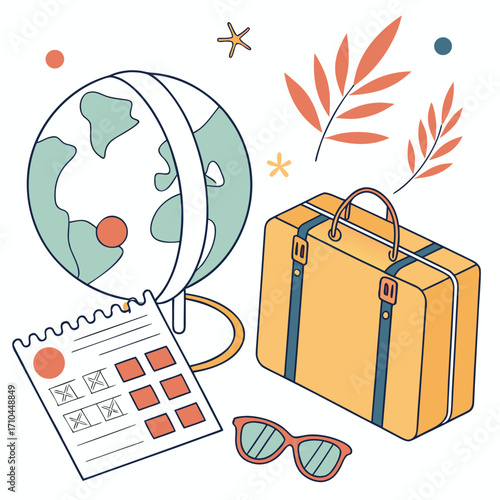 Illustration of travel essentials including a globe suitcase checklist and sunglasses symbolizing vacation planning and global exploration adventures