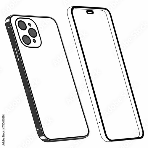 Two modern smartphones mockup front and back view of frameless mobile phones with multiple camera system digital device concept for presentation