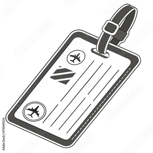A stylized black and white illustration of a luggage tag with an airplane symbol and lines for writing information perfect for travel and aviation themes
