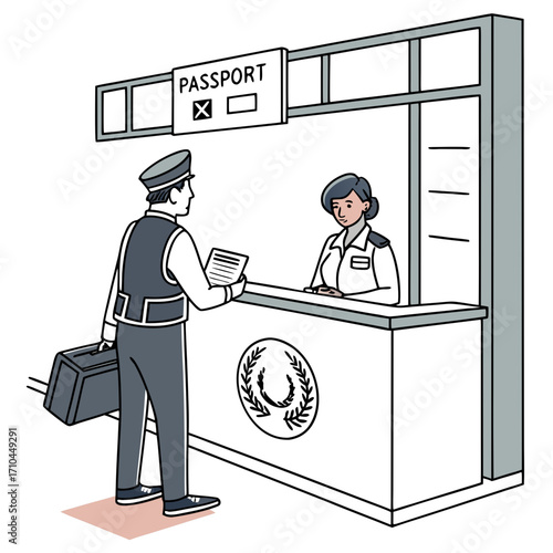A traveler presents their passport and documents to an immigration officer at a passport control counter in an airport or border crossing