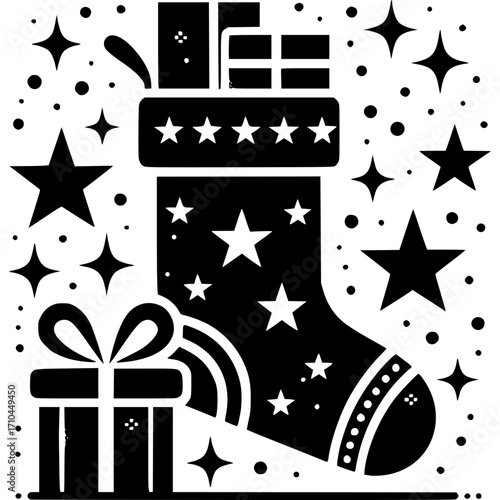 Holiday Cheer: Festive illustration showcasing a holiday stocking overflowing with gifts, a symbol of generosity and anticipation, amidst a constellation of sparkling stars. 