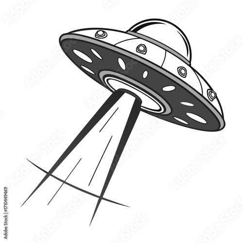 A classic flying saucer shaped ufo descends from the sky emitting a bright beam of light for abduction or observation against a clean white background