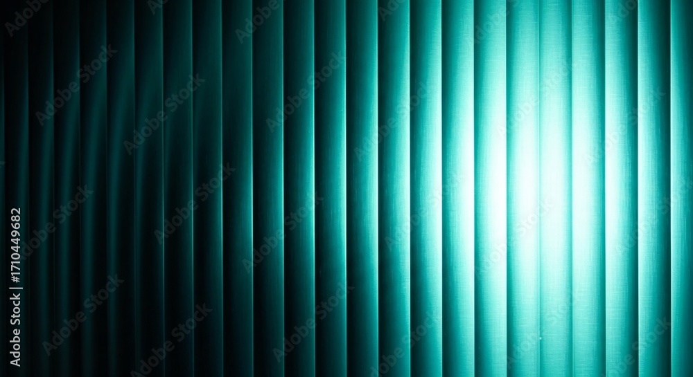 Obraz premium Modern teal vertical blinds casting dramatic shadows with bright light streaming through