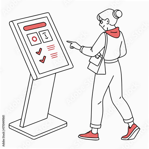 Isometric outline illustration of a woman using a selfservice kiosk concept of information, technology, touch screen, and modern lifestyle