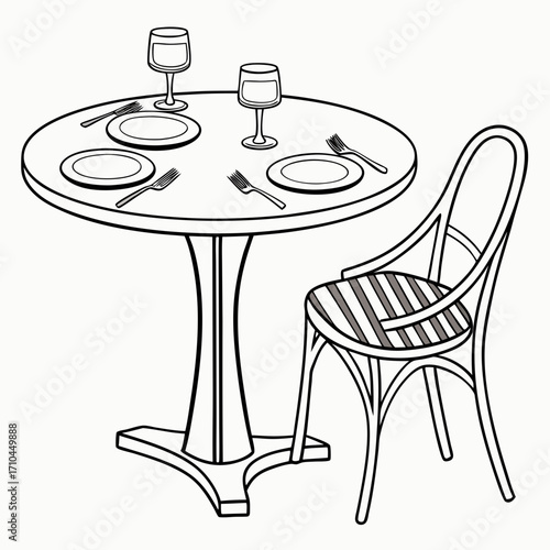 A simple line drawing of a round cafe table set for two with plates forks and wine glasses accompanied by a striped chair