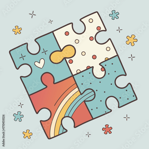 Colorful jigsaw puzzle pieces with cute patterns and rainbow, symbolizing autism awareness and acceptance a symbol of neurodiversity and inclusion, with a light blue background