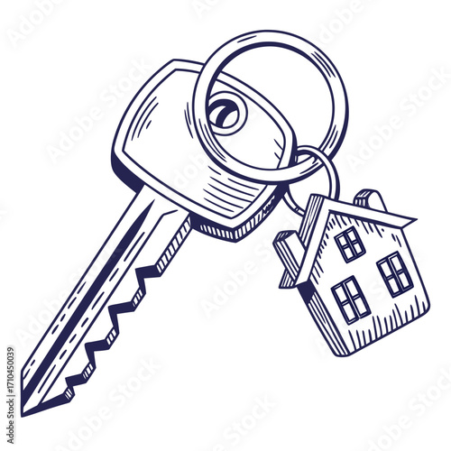 A hand drawn illustration of a house key with a house shaped charm on a keyring symbolizing home ownership and real estate