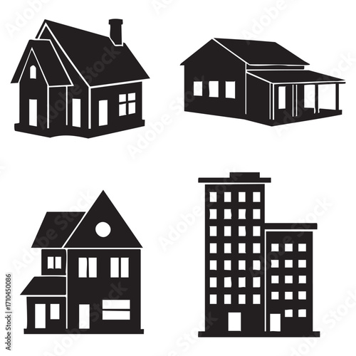 Collection of silhouetted house and building icons for real estate and architecture projects