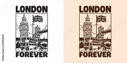 London Forever graphic design with Big Ben, bridge and iconic architecture for stylish urban fashion prints.