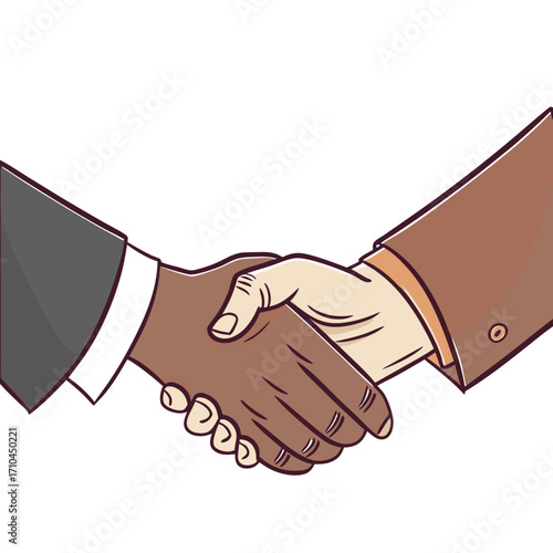 Illustration of a handshake between two people with different skin tones, symbolizing diversity, inclusion, and collaboration in business and society