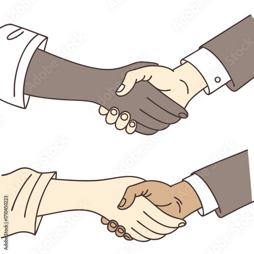 Illustration of diverse handshakes between people of different ethnicities, symbolizing unity, cooperation, and agreement in a global context