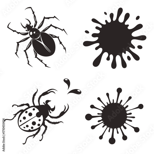 Collection of insect and ink blot illustration, featuring a spider, ladybug, and splatters, perfect for halloween or naturethemed designs