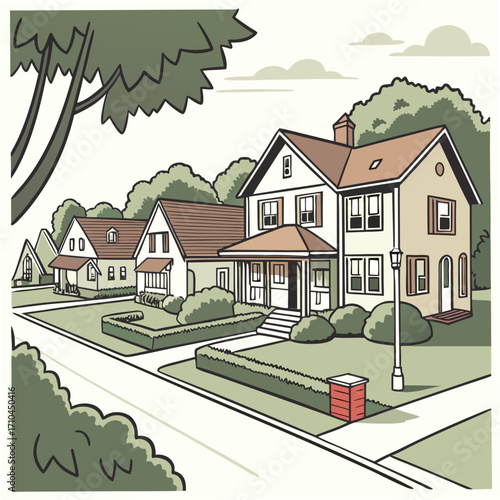 A charming illustration of a suburban street lined with traditional american houses manicured lawns and mature trees under a cloudy sky