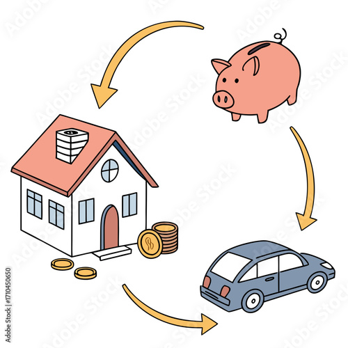Illustration of a financial cycle showing money saved in a piggy bank going towards a house and a car with coins representing wealth and investment