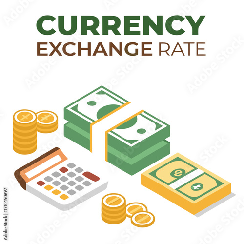 Currency exchange rate concept with stacks of cash bills coins and a calculator on a white background illustrating financial transactions and monetary value