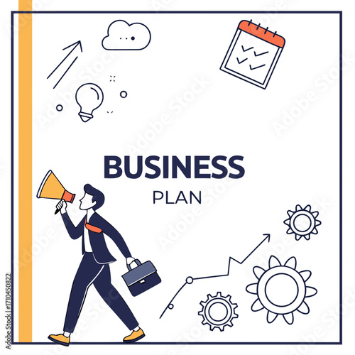 Business plan concept with a businessman holding a megaphone and briefcase surrounded by icons representing growth ideas and planning for success