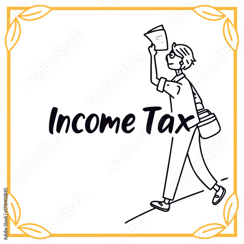 A person walking with a bag and holding papers with the words income tax written on the image symbolizing financial concepts and tax season