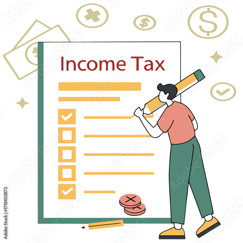 Person filling out income tax form with checklist and pencil surrounded by money symbols and coins representing financial planning and tax season