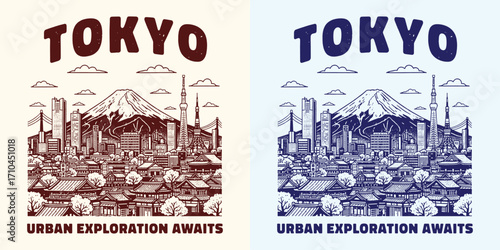 Vintage Tokyo design with Mount Fuji and skyline, blending nature, retro art and cultural travel inspiration.