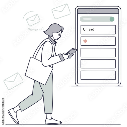 Woman checking her smartphone for important emails and notifications while on the go with floating envelopes symbolizing communication and messages