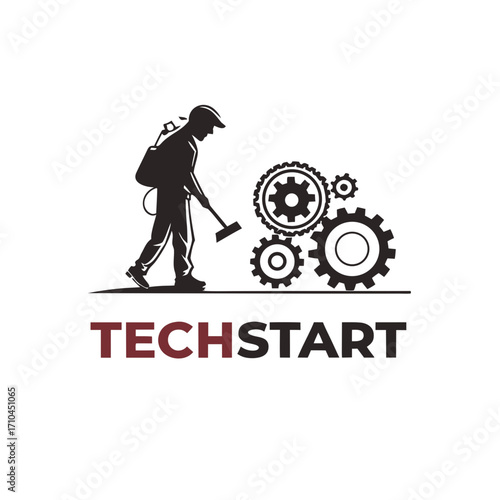 Silhouette of a person with a backpack and tool interacting with gears symbolizing technology innovation and the start of a new venture or project