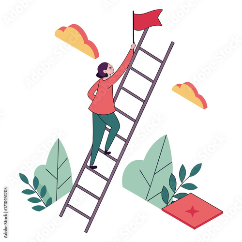 A woman climbs a ladder to reach a red flag, symbolizing success, achievement, and goal attainment, overcoming challenges and striving for victory