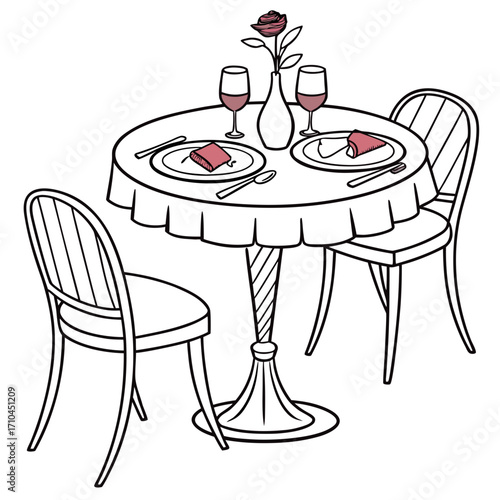 Romantic dinner for two with a single red rose on a table set with plates wine glasses and cutlery in a charming illustration style