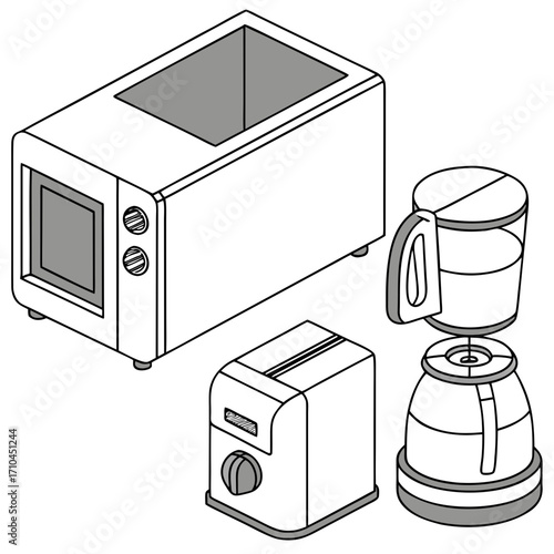 Isometric illustration of kitchen appliances including a microwave oven a toaster and a coffee maker presented in a clean line art style with gray accents