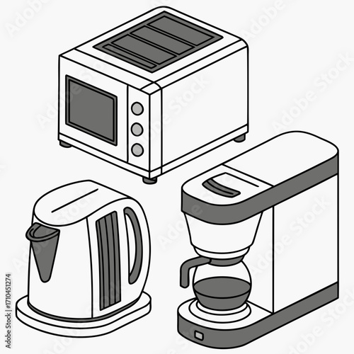 A collection of common kitchen appliances including a toaster oven electric kettle and coffee maker depicted in a clean isometric line art style on a white background