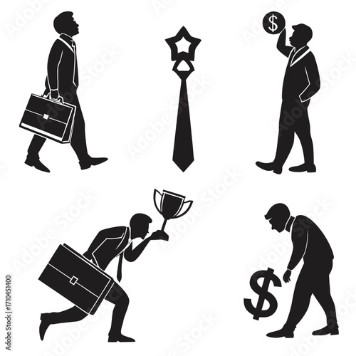 Silhouette of a businessman with briefcase, tie, trophy, and dollar sign, it represents success, career, and financial growth