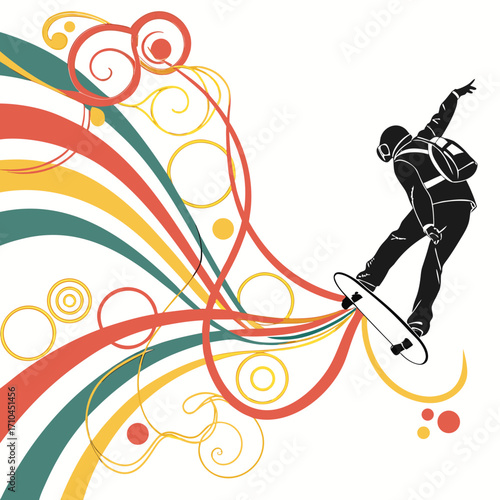 Silhouette of a skateboarder performing a trick with colorful abstract swirls and curves represents action, freedom, and artistic expression