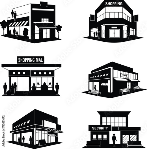 PrintBlack silhouette vector illustration of shopping mall buildings, stores, security office, people silhouettes, modern commercial architecture and retail environments