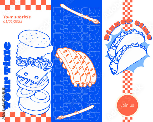 A set of retro funky design for food posters. Food poster design for a restaurant with burger, steak and burrito