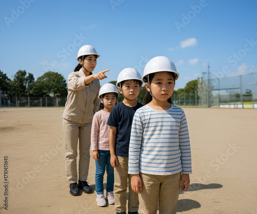 学校での防災訓練に参加するヘルメットをかぶった子供たち