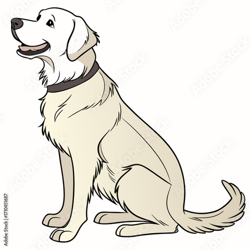 A charming cartoon illustration of a golden retriever sitting gracefully, the dog is depicted with a kind expression and a relaxed posture