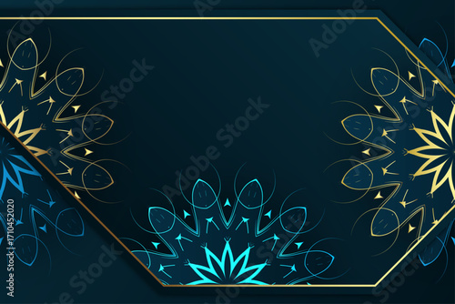 Symmetrical blue golden mandala with mirrored floral ornament and geometric decorative design