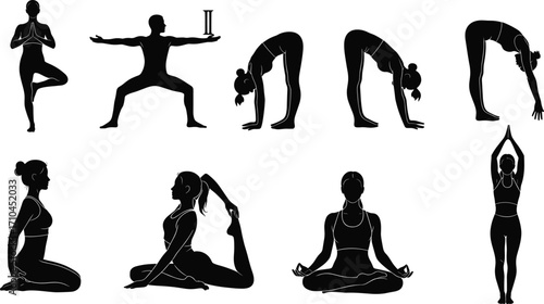 Yoga poses silhouettes, meditation and stretching exercises, fitness and wellness vector illustration