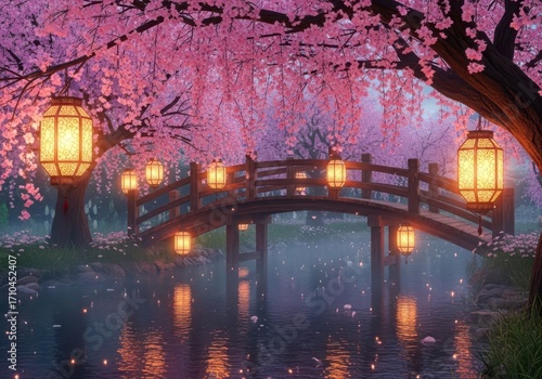 Magical japanese garden bridge illuminated by glowing lanterns under a canopy of blooming cherry blossoms