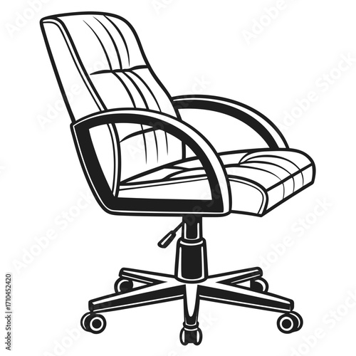 Illustration of a black and white office chair with armrests and wheels, comfortable and ergonomic seating for work or study