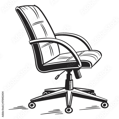 Illustration of a black and white office chair with armrests and wheels, comfortable and ergonomic seating for work or study