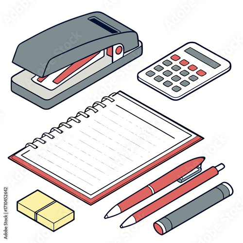 Isometric illustration of office supplies including a stapler, notebook, calculator, pen, and eraser perfect for business, education, or creative projects