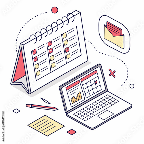 Isometric illustration featuring a calendar, laptop, email, and checklist, perfect for time management and productivity themed projects