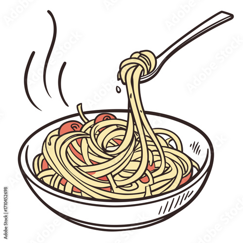 A steaming bowl of spaghetti with tomato sauce being lifted with a fork, a comforting and delicious meal to enjoy