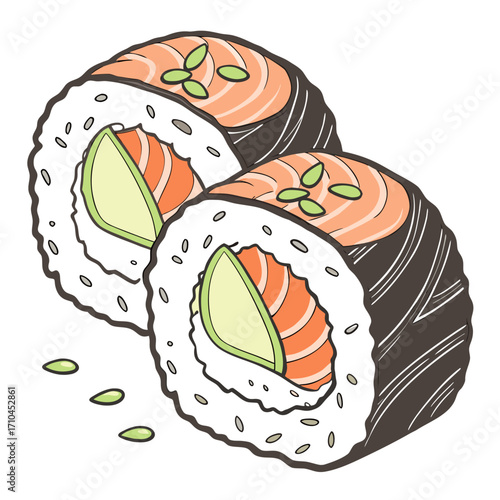 Two delicious sushi rolls with salmon, avocado, and seaweed, a perfect japanese cuisine treat for lunch or dinner, showcasing the art of sushi making
