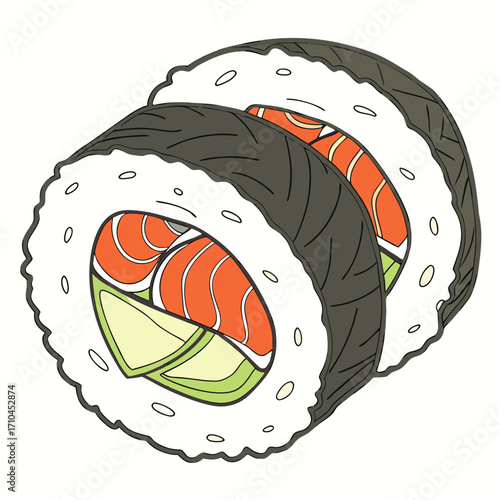 Two delicious sushi rolls with salmon, avocado, and seaweed, a perfect japanese cuisine treat for lunch or dinner, showcasing the art of sushi making