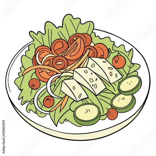 Fresh salad with lettuce, tomatoes, cheese, cucumbers, and onions this vibrant illustration captures the essence of healthy eating