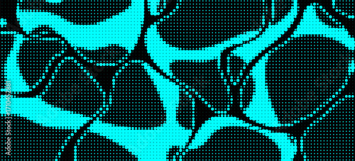 Electric neon waves filling the ether. Shimmering dots forming a pattern of smooth lines, bumps and depressions. Acid vector background for music album.