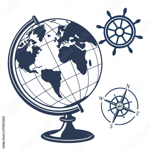 Illustration of a globe, compass rose, and ship wheel, perfect for travel, navigation, or explorationthemed designs and creative projects