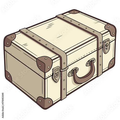 Illustration of a vintage suitcase the suitcase is beige with brown leather accents and straps, giving it a classic and timeless look for travel and adventure
