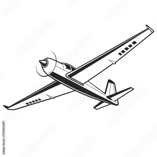 Illustration of a small airplane with a propeller the plane is in black and white, and it is flying in the sky